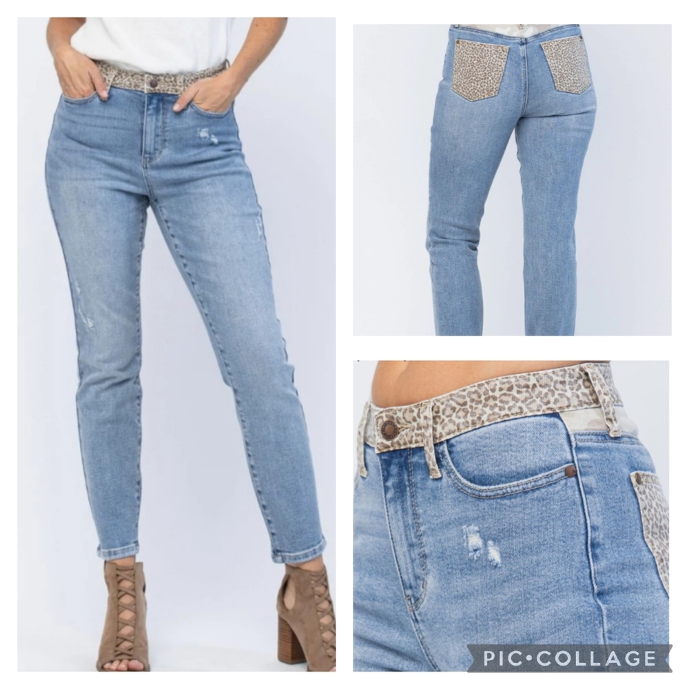 Judy Blue Light Blue Jeans with Leopard Accents